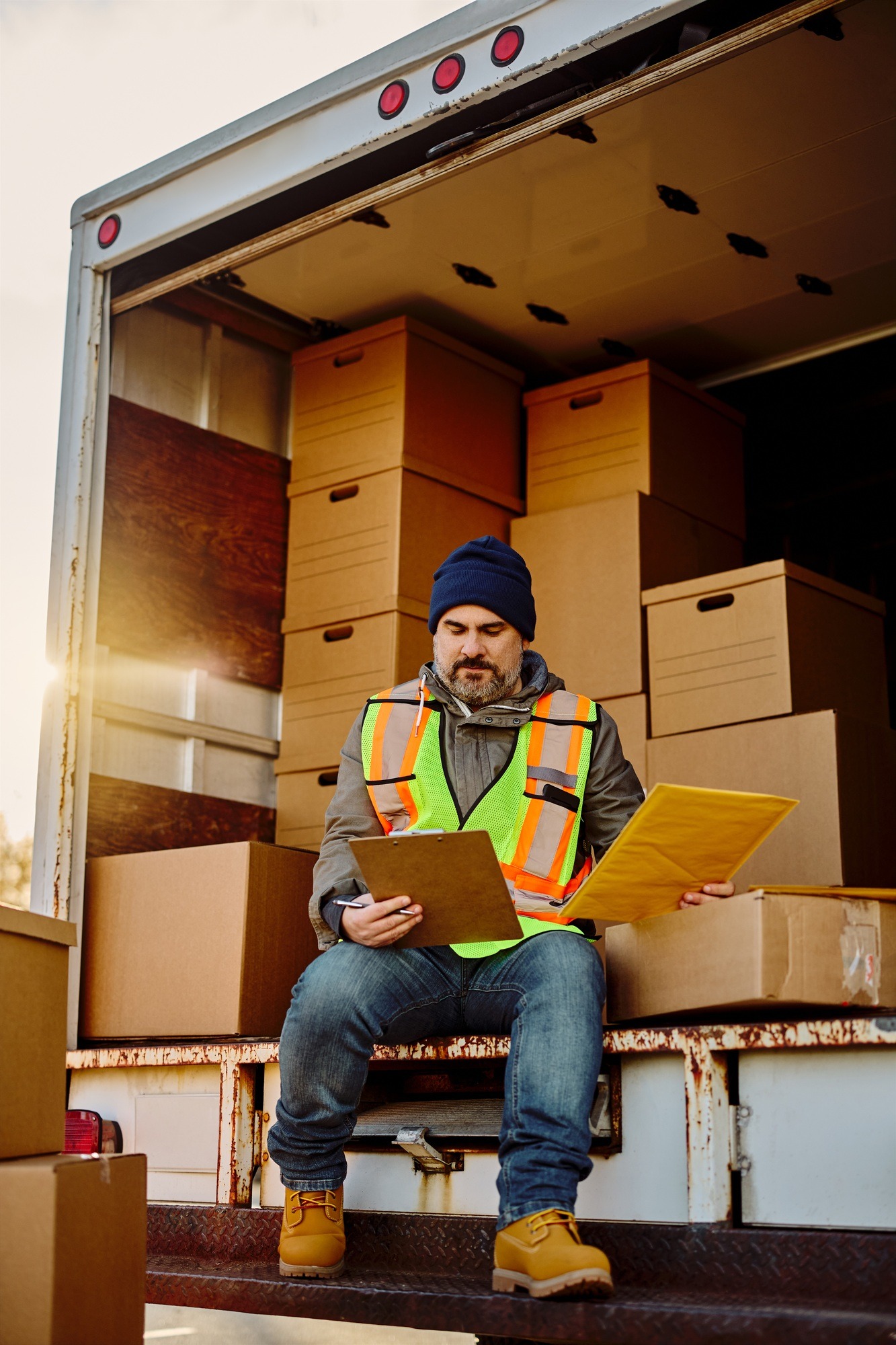 man and van service analyzing shipment list while checking packages in back of delivery van.